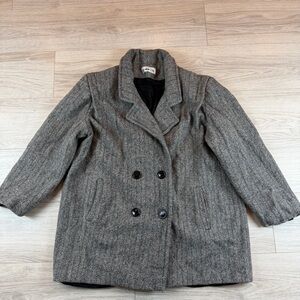 Vintage Herman Kay Gray Herringbone Tweed Wool Pea Coat  Academia Womens 16